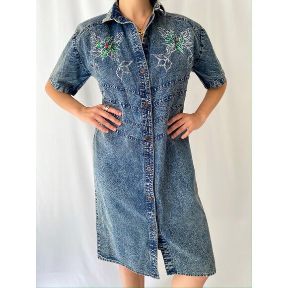 80s vintage blue denim acid wash embellished floral print retro midi jean dress - Picture 3 of 9